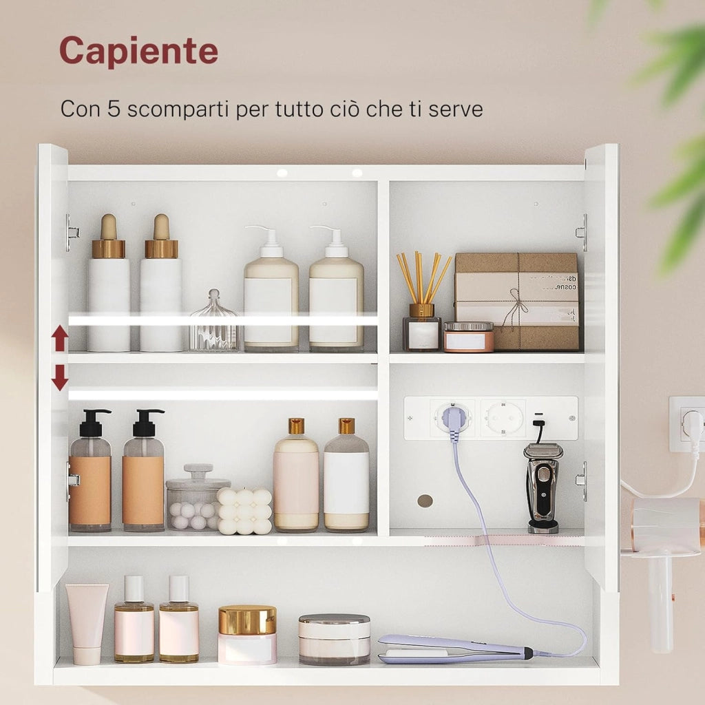 Specchio Bagno Contenitore con Luce LED e Presa Elettrica, Mobile Bagno a Specchio con 2 Ante e Gancio Asciugacapelli, 3 Temperature di Luce Dimmerabili a Touch, Ripiani Regolabili, Bianco
