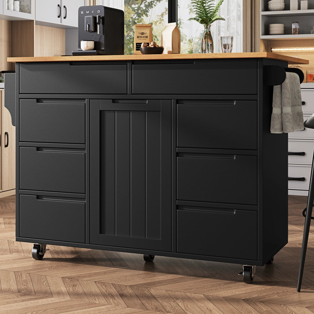 Isola cucina moderna - Zephmum - Carrello estraibile con ripiano, ruote, 8 cassetti e scaffale spezie, Nero