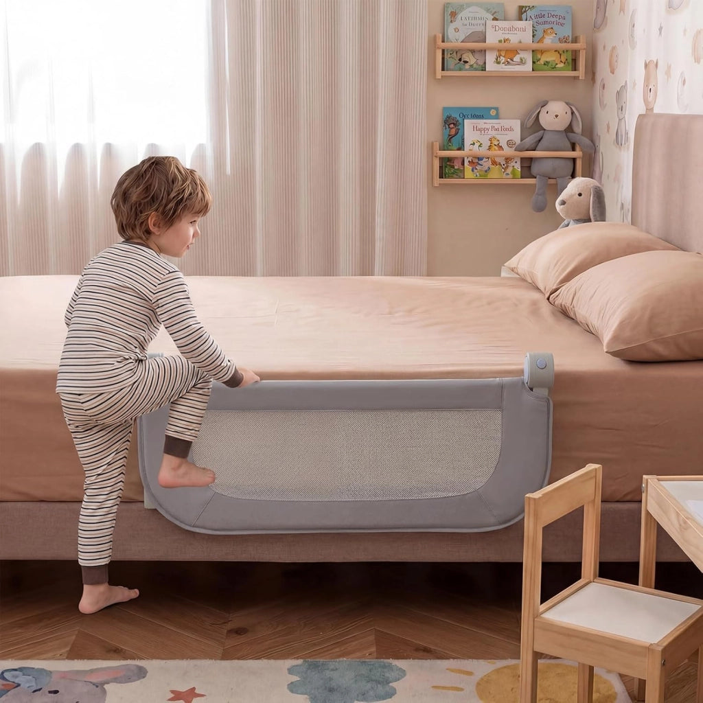Sponda Letto per Bambini 80/120/150/180 cm, Barriera di Sicurezza per Neonati, Altezza Regolabile a 3 Livelli, Barriera Letto Pieghevole, con Cinghia di Sicurezza (80 cm,Grigio)