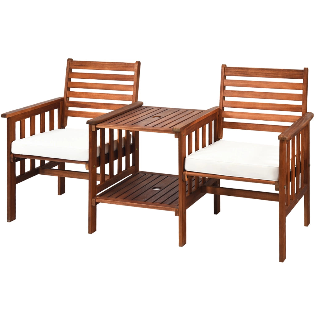 Set di sedie e tavolo in legno di acacia per esterni con foro per ombrello da 5cm, Set di mobili a 2 posti Bianco-Set mobili da esterno