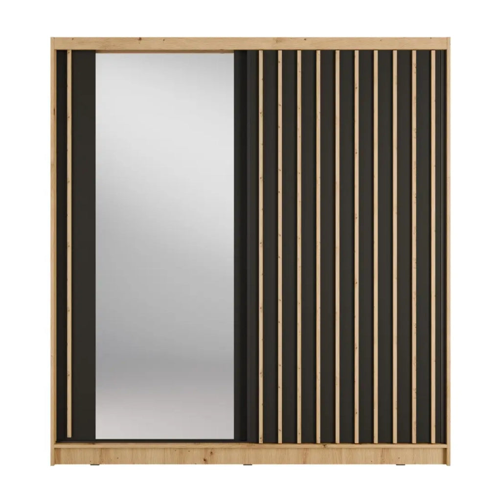 Armadio KAZU a 2 porte scorrevoli con specchio in rovere e grigio grafite 205 cm