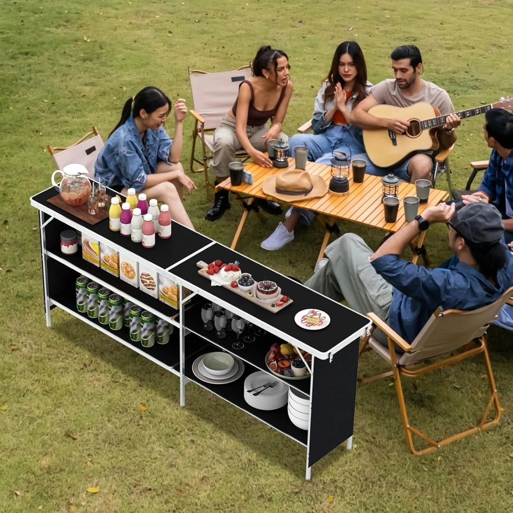 Tavolo da campeggio pieghevole con 2 ripiani, tavolo da picnic con struttura in lega di alluminio, 206 x 38 cm, schermo in tessuto Oxford, borsa da trasporto, per barbecue e campeggio