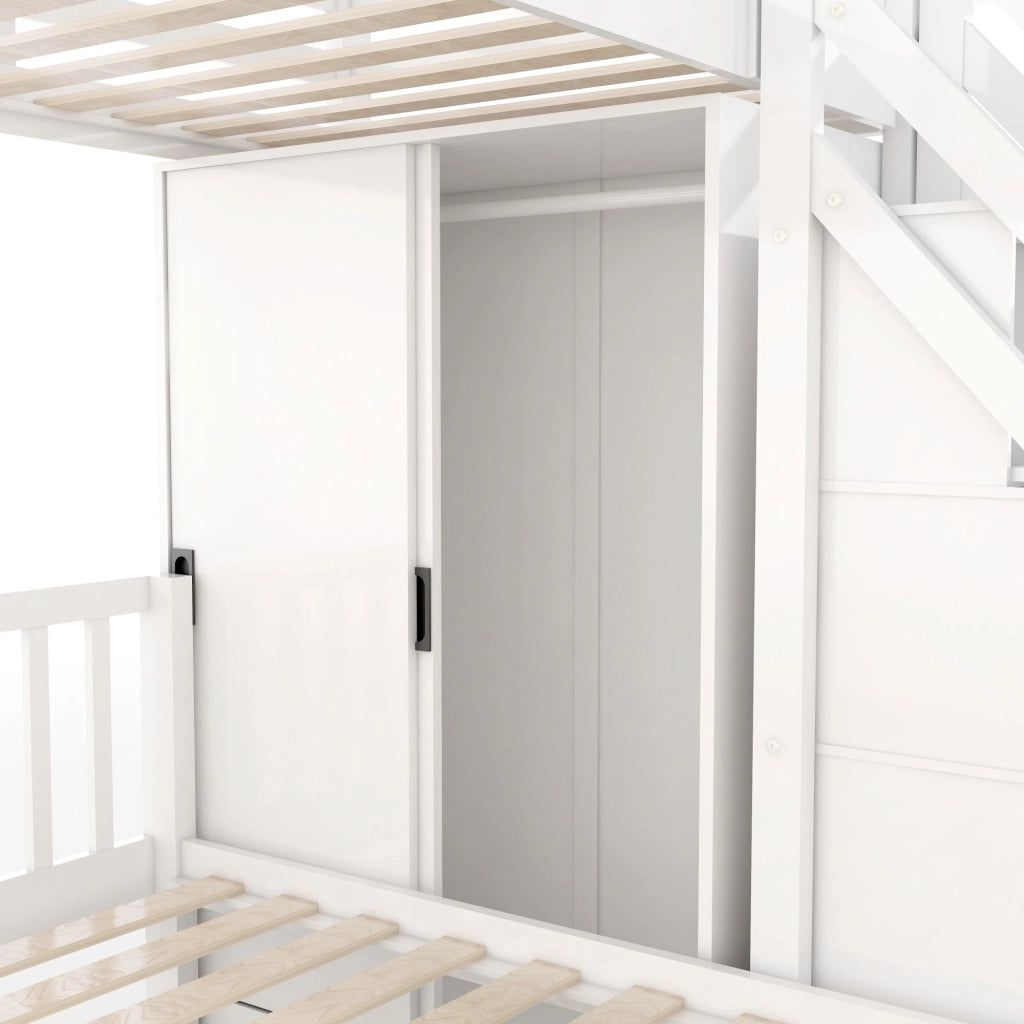 OKWISH Letto a Castello 90×200 cm e 140×200 cm, Letto 3 Posti con Armadio, Scala Contenitore e Mensole, senza Materasso, Bianco