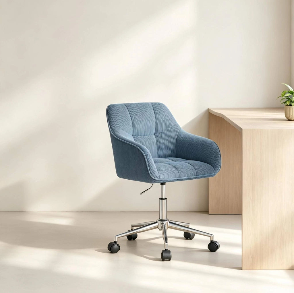 Sedia da ufficio girevole in velluto blu con schienale ergonomico e altezza regolabile
