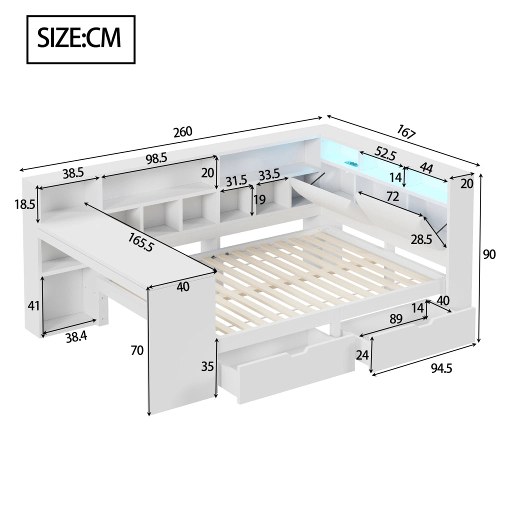 Letto a piattaforma a L 140x200 cm con scrivania; libreria; LED e USB; bianco