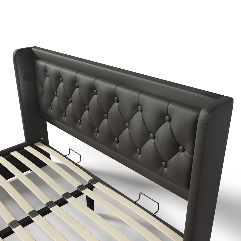 Letto matrimoniale 140x200 cm in PU nero con contenitore idraulico; LED e USB Type-C