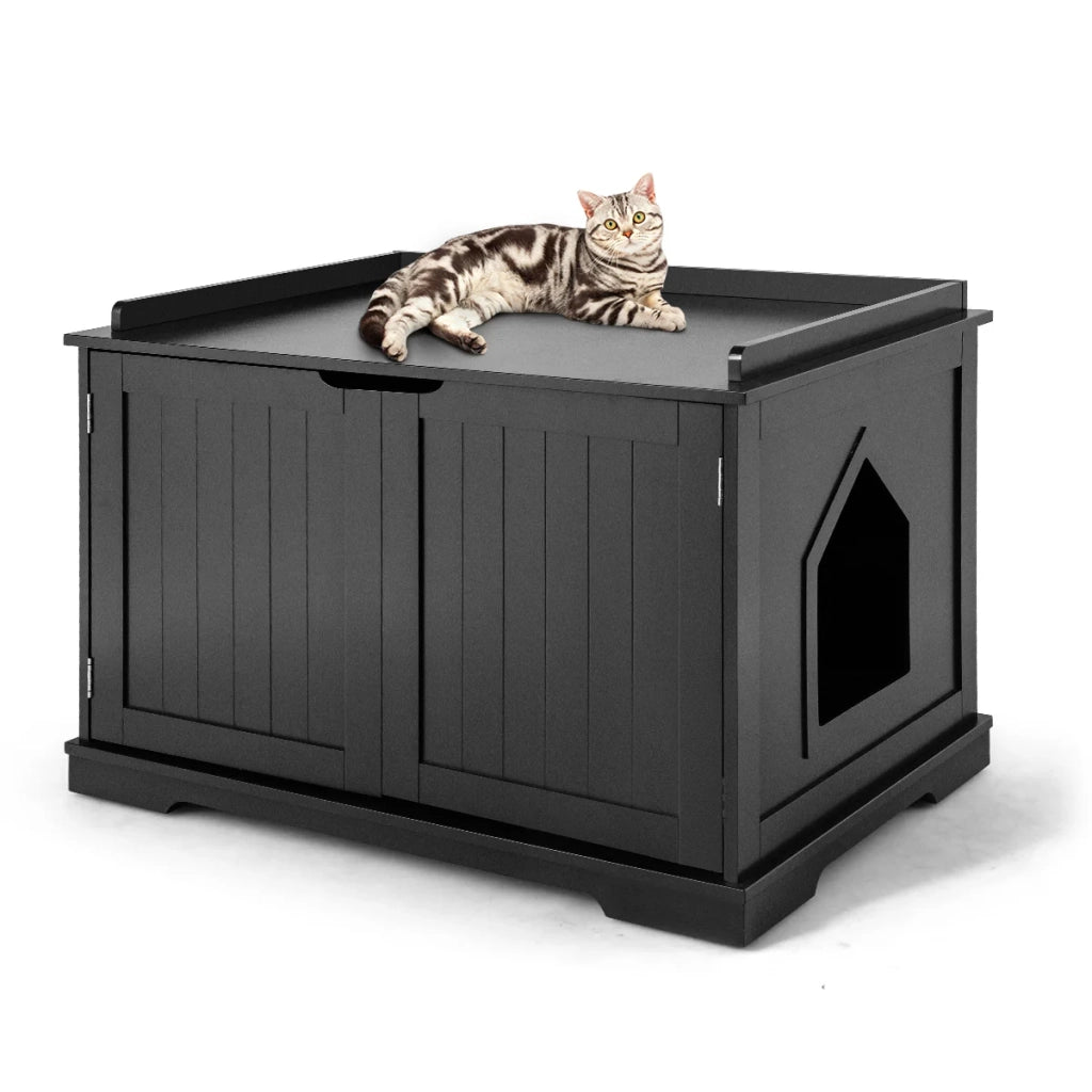 Cuccia multifunzionale per gatti 75 x 54 x 52 cm con gattaiola e moderna porta magnetica in MDF nero 20_0018958