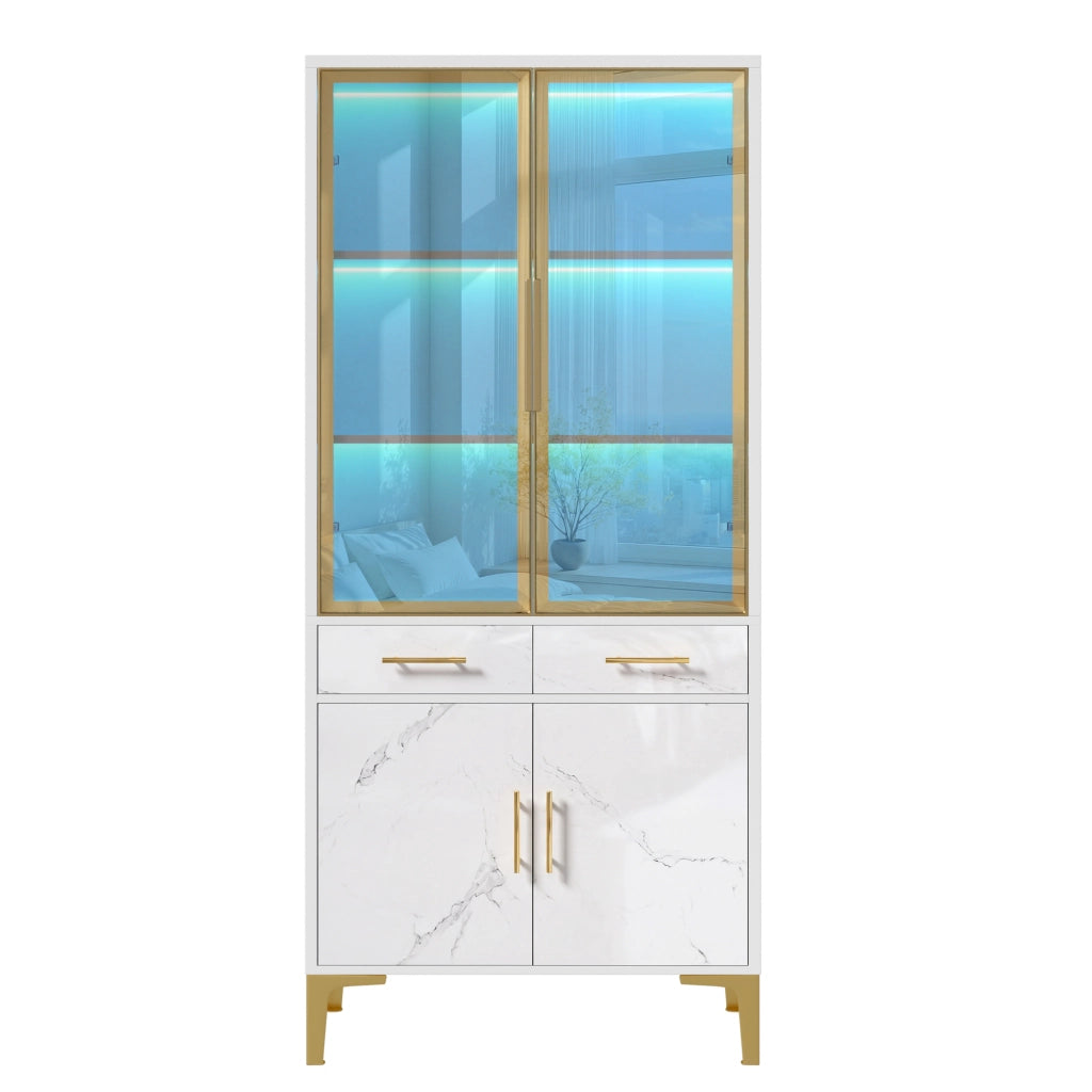 Vetrina con 2 ante in vetro, LED APP, 2 cassetti e ripiani, per soggiorno e sala da pranzo, bianco, 75 × 38 × 170 cm