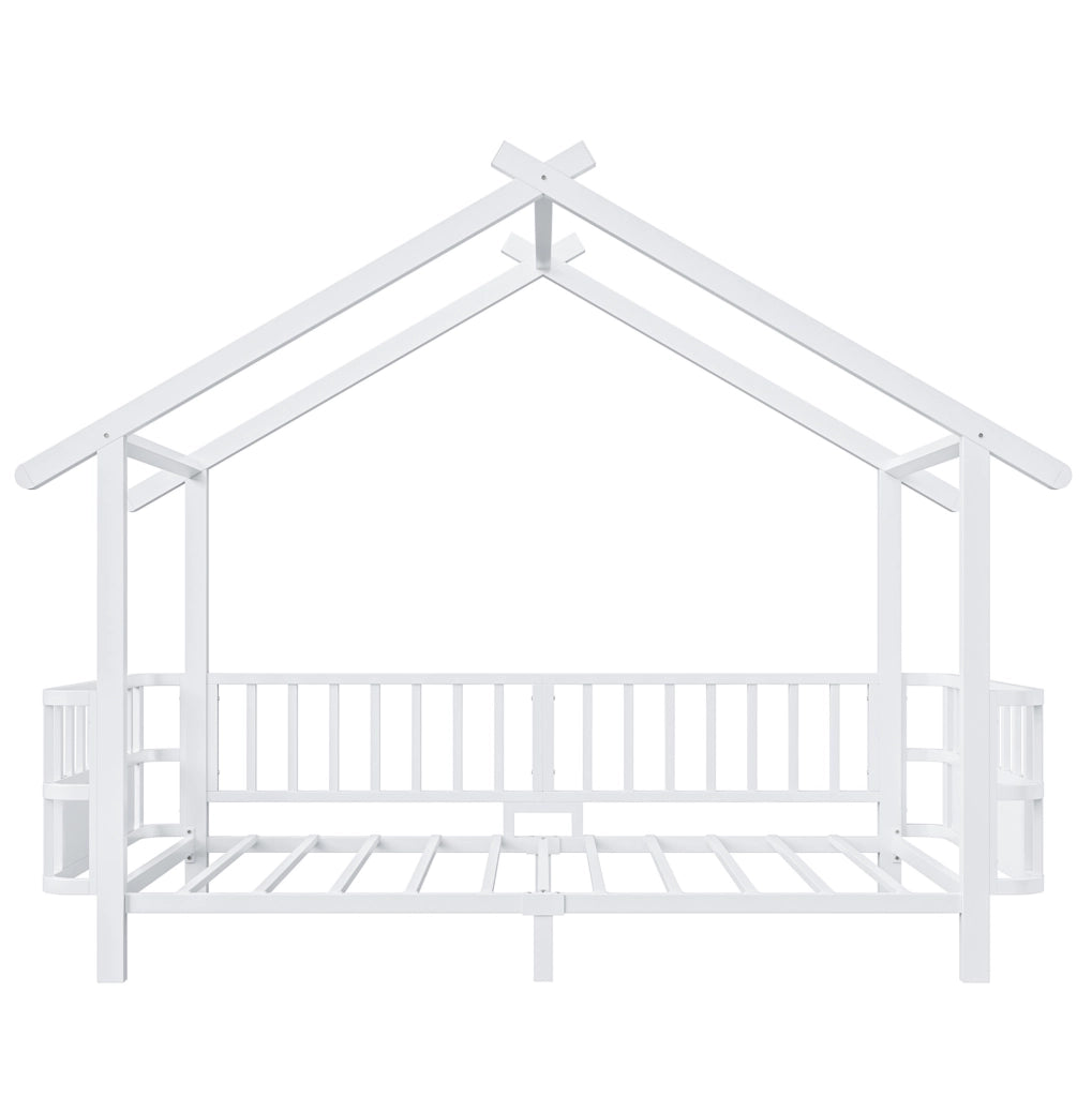 Letto per bambini 90x200 cm con barriera di sicurezza e struttura a casetta in metallo bianco