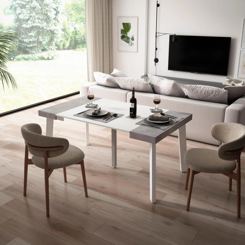 Consolle allungabile, 160x90x73cm, Per 8 persone, Gambe in legno, Bianco e grigio cemento RF3131