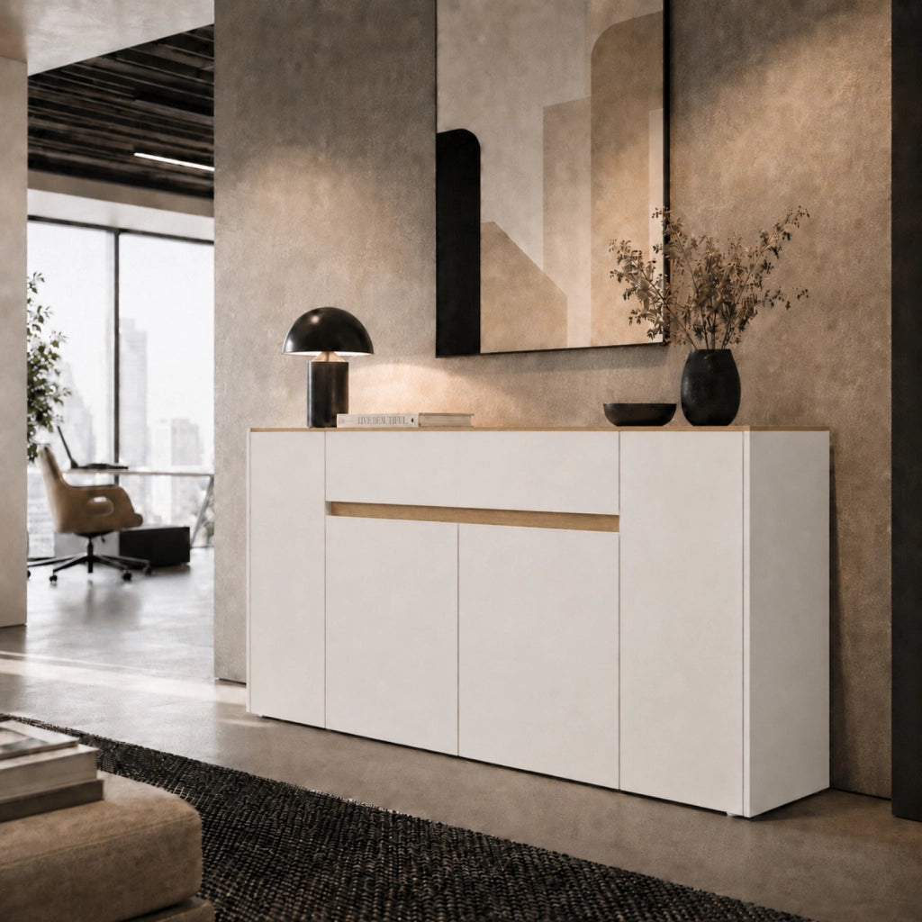 Mobile Madia Moderna Con 4 Ante E 1 Cassetto In Melaminico Contenitore Elegante Per Soggiorno Sala Da Pranzo 170 X 85 X 40 Cm Bianco E Rovere