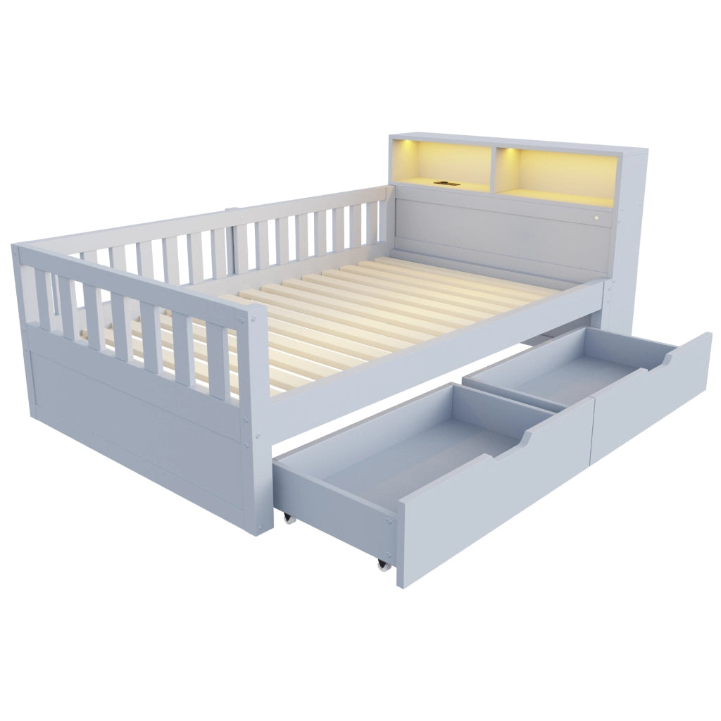 Letto singolo 90×200 cm con cassetti; ripiani; LED; presa USB e Type-C; rete; senza materasso; legno; grigio