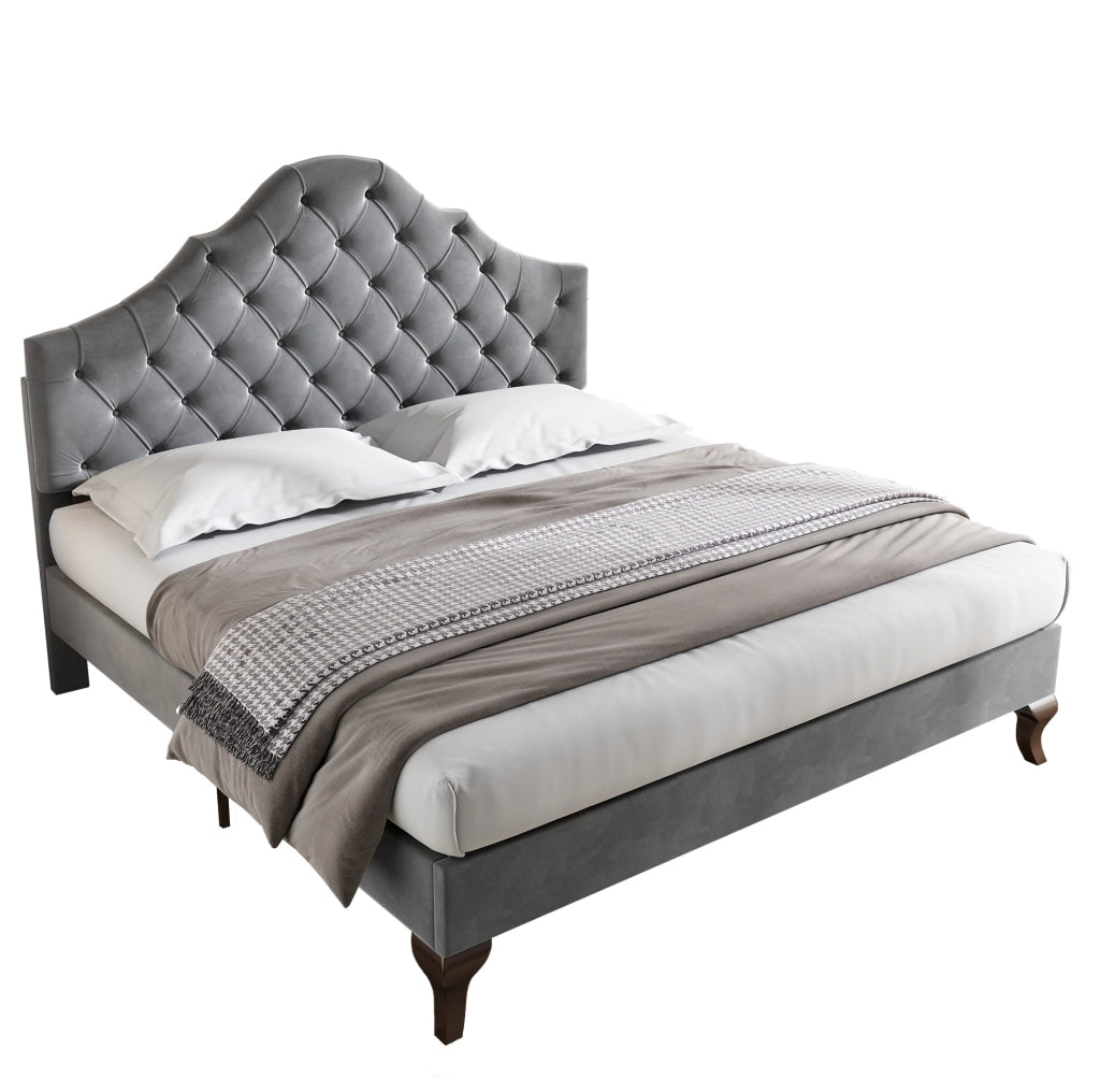 Letto imbottito matrimoniale 140x200 cm in velluto grigio con rete a doghe e testiera