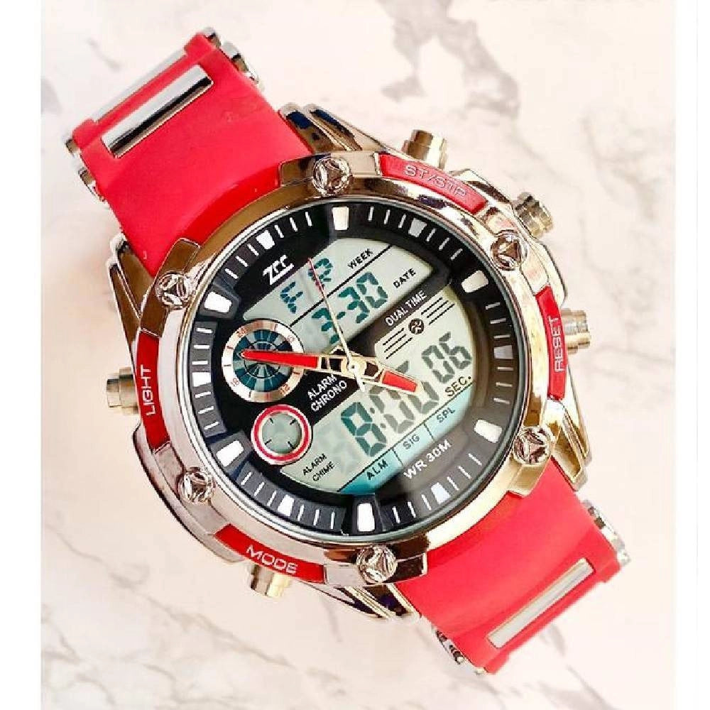 Trade Shop - Orologio Da Polso Zcc 1313 Uomo Quarzo Dual Time Multifunzione Rosso Nero Silver -