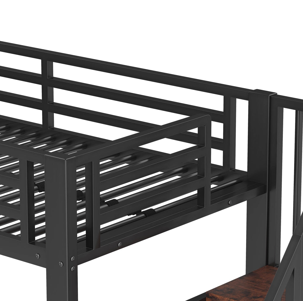 Letto a soppalco 90 x 200 cm nero con LED, scala contenitore e ripiani