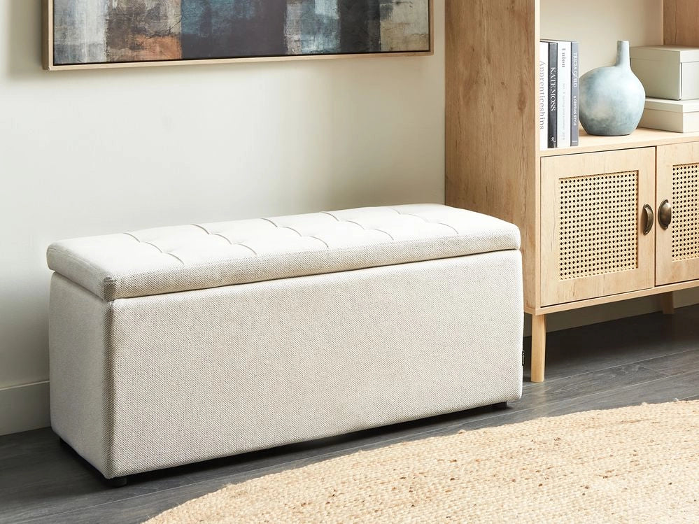 Ottomana Bianco Sporco 100 x 42 x 40 cm in tessuto poliestere Poggiapiedi imbottito Soggiorno Stile Moderno