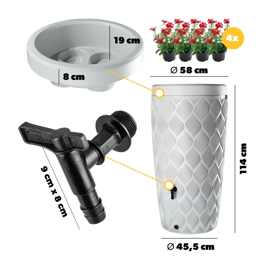 Serbatoio per acqua piovana KADAX da 240 litri, contenitore per acqua con rubinetto e supporto per vaso di fiori