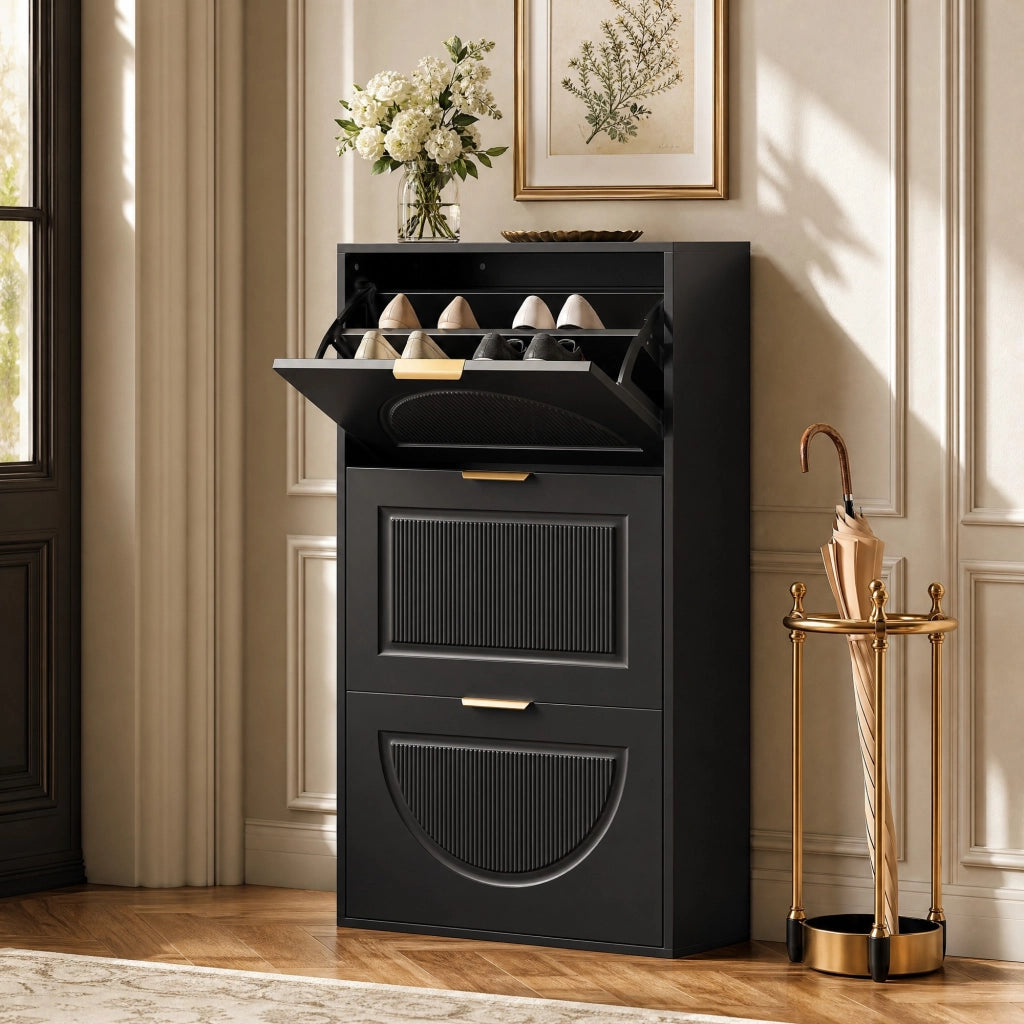 Mobile portascarpe stretto con ribalta; 60x24x114 cm; in MDF e truciolare nero