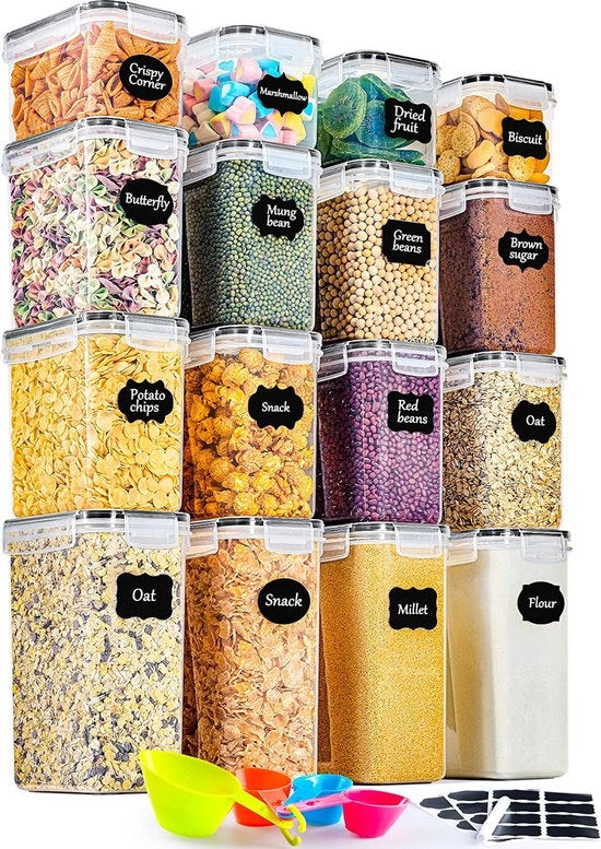 Set di contenitori a chiusura ermetica, 16 pezzi, organizzatore per la cucina in plastica, con coperchio, adatto per conservare muesli, farina, chicchi di caffè, cornflakes e simili, formato: 2 l, 1,4 l, 0,8 l