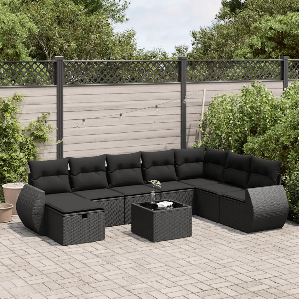 Set Divani da Giardino 9 pz con Cuscini Nero in Polyrattan
