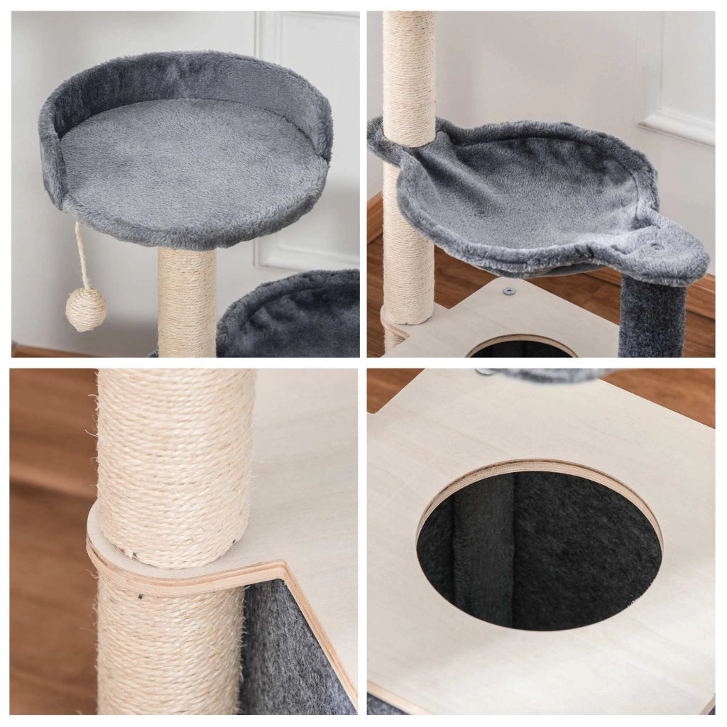 EasyComfort Albero Tiragraffi per Gatti Alto 95cm, Palestra per Gatti di Multilivelli con Casetta, Amaca, Pallina da Gioco, Cuccia e Corde in Sisal, 48x34x95cm, Grigio