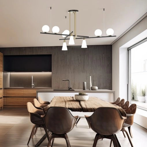 MIKADO-S Sospensione 9 luci struttura ottone spazzolato e vetro opale lampadine incluse E14 G9