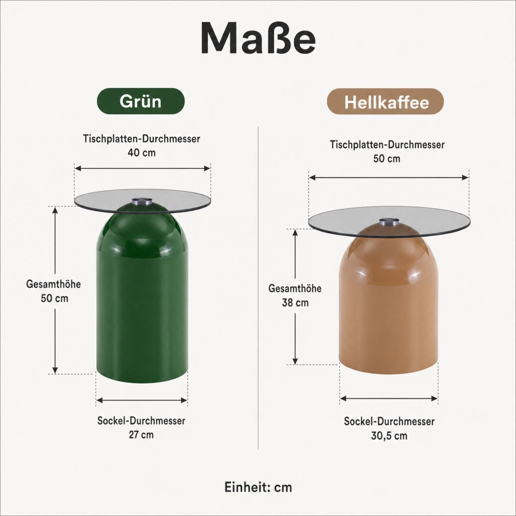 Tavolini bassi impilabili con 2 piani rotondi in vetro temperato e base in metallo laccato lucido; verde e caffè chiaro