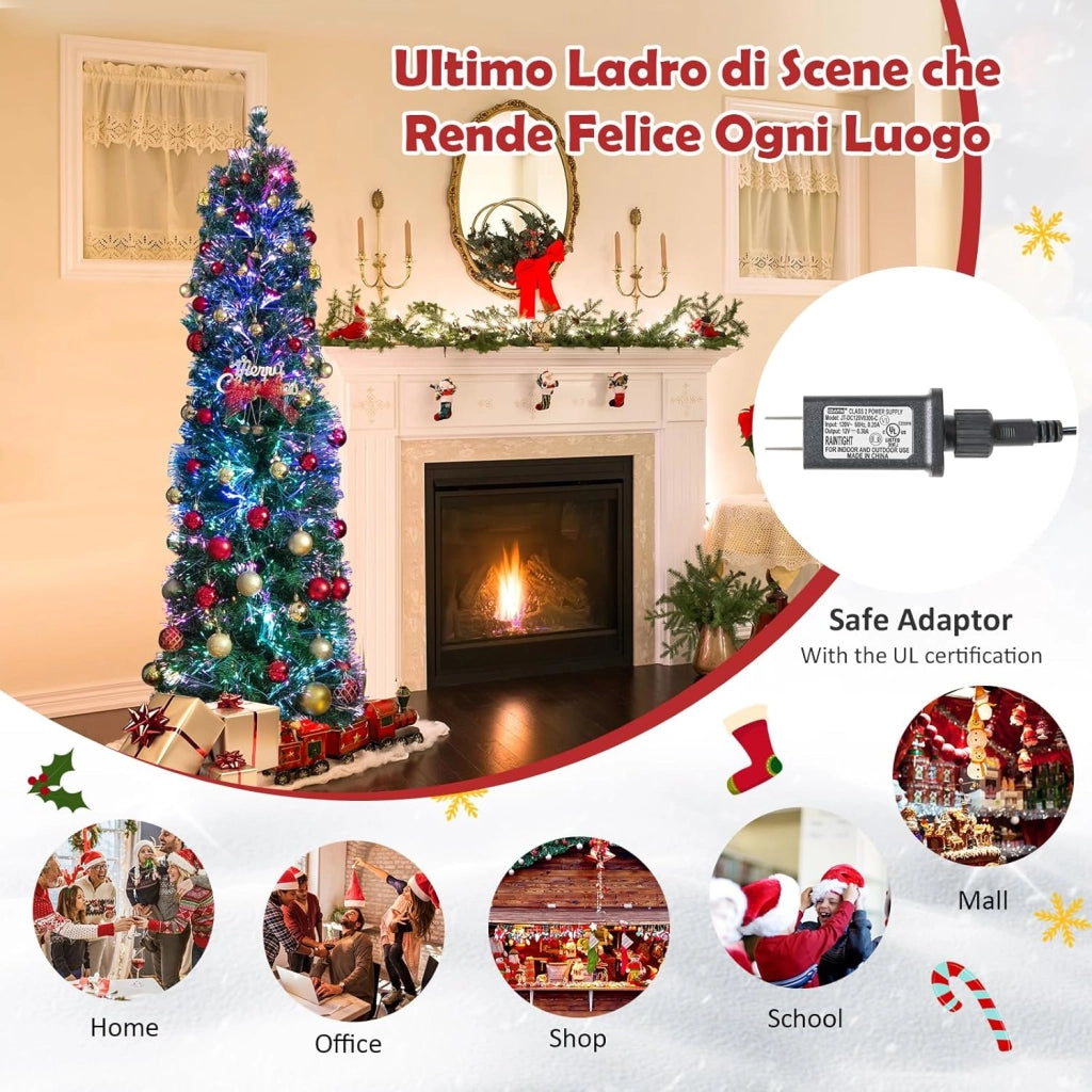 Albero di Natale Artificiale con Fibra Ottica 150/180 CM, Albero di Natale Slim Preluminato con 361/517 Rametti, Base in Metallo Pieghevole, Ideale per Casa, Ufficio e Feste (180 cm)
