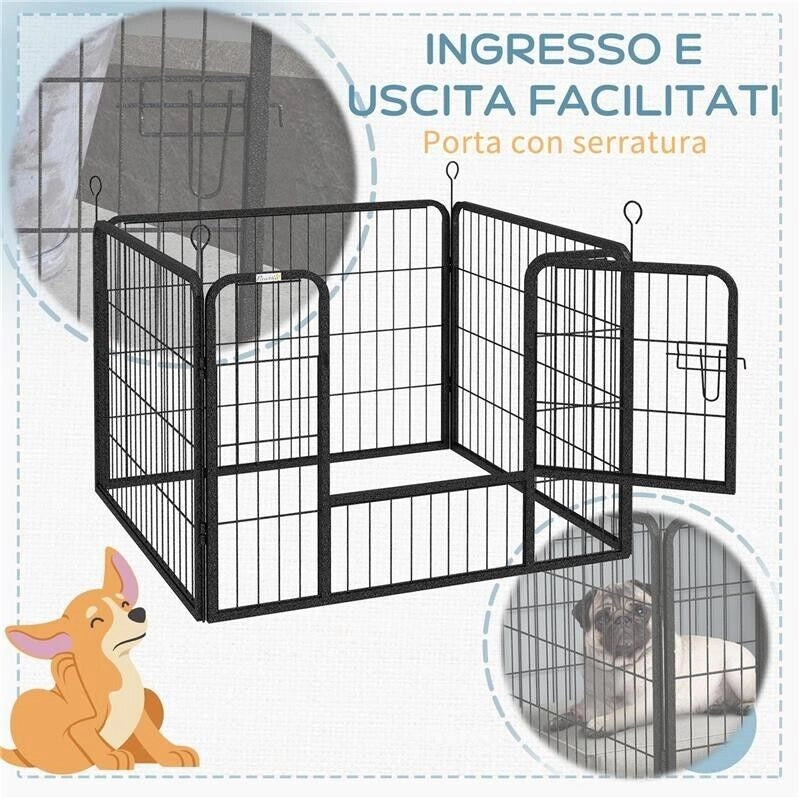 RECINTO PER CANI PIEGHEVOLE IN METALLO, PER INTERNO ED ESTERNO CON PORTA E PICCHETTI, 82X82X60CM GRIGIO