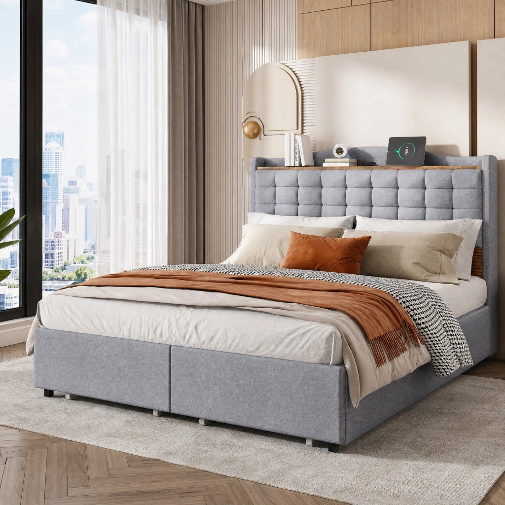 Letto matrimoniale imbottito 140x200 cm con USB; 4 cassetti; tessuto effetto lino grigio