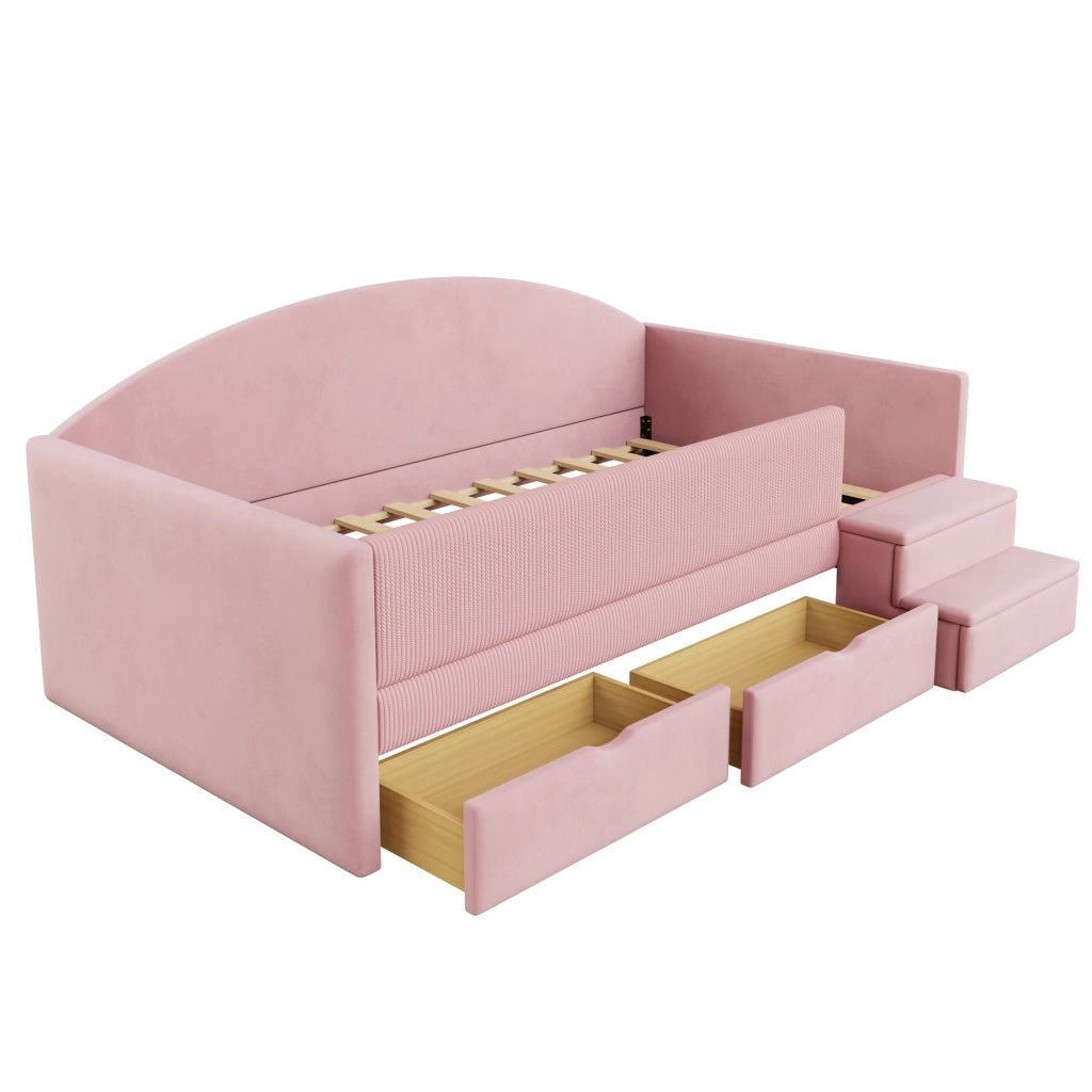 LETTO imbottito 90x190 cm Rosa con 2 cassetti e scaletta