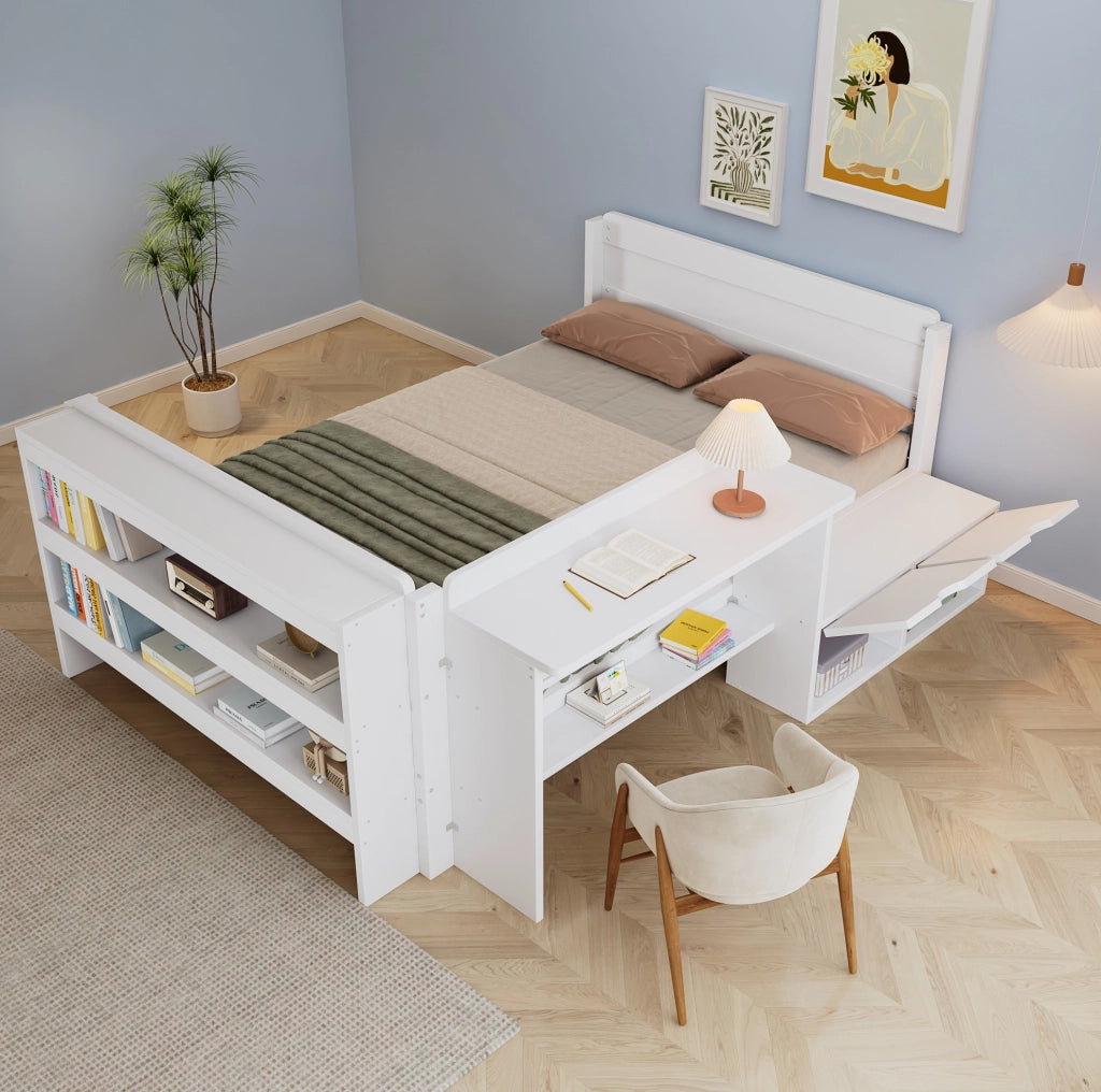 Letto funzionale 120x200 cm con scrivania; vano con anta a ribalta e ripiano; bianco
