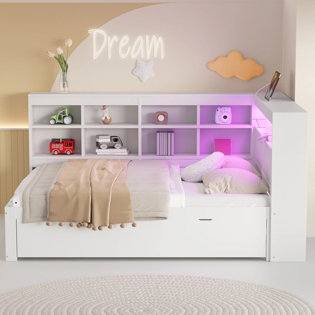 LETTO divano 90x200 cm con cassetti USB LED in legno bianco