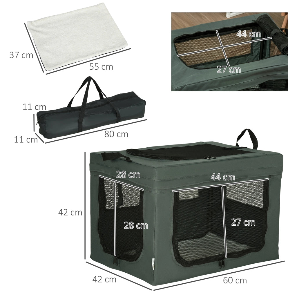 Trasportino per Cani Mini e Gatti 60x42x42 cm con Cuscino Sacca di Trasporto e Porte a Rete Grigio