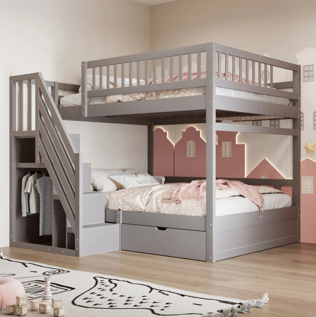 Letto a castello in legno massello 140x200 cm con scala contenitore e cassetti