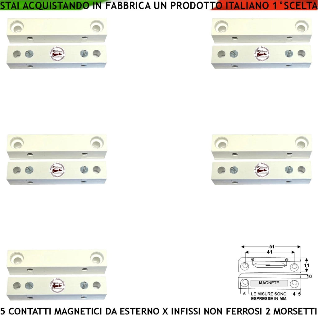 Rilevatore Magnetico Esterno 5 Pezzi Allarme Infissi Non Ferrosi Contatto Reed Uscita NC 2 Morsetti Sensibilità Magnetica 13 mm Tensione Transito Max 30 V 0,5 A Carico Resistivo Cover ABS Bianco IP40
