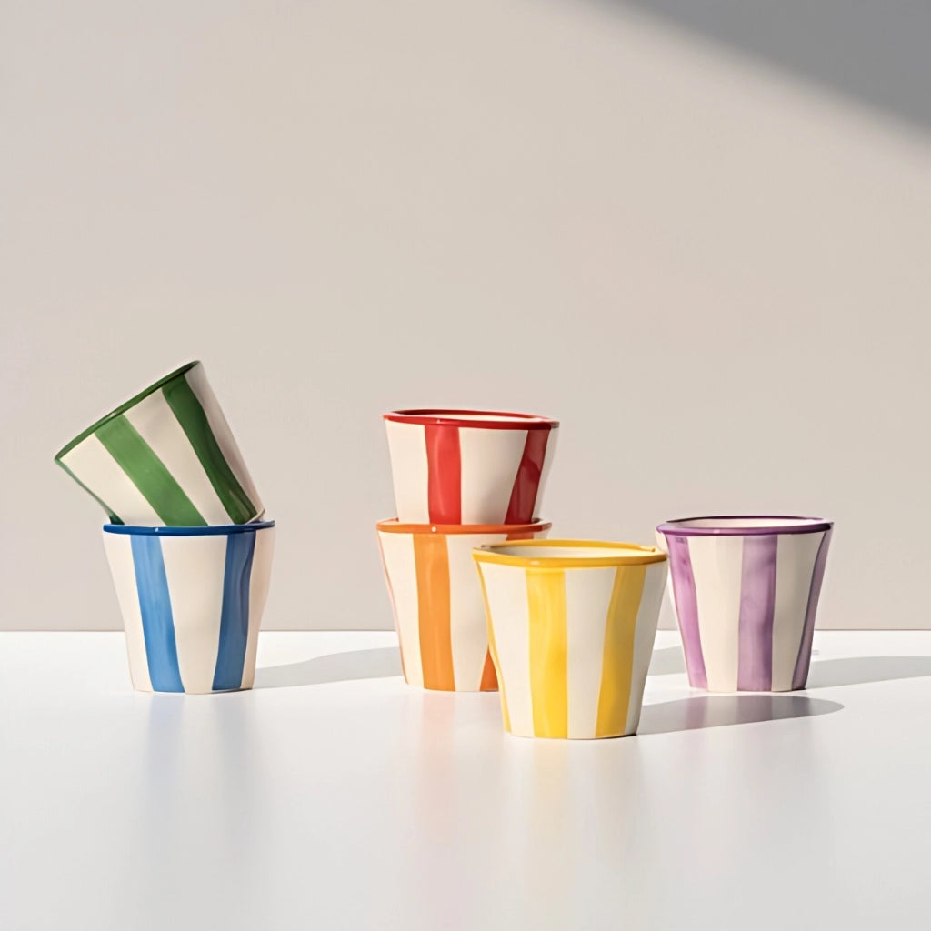 Zafferano Set 6 Bicchierini Collezione Lido Righe in ceramica artigianale lavorata a mano a Civita Castellana colore Giallo stile vivace e festoso