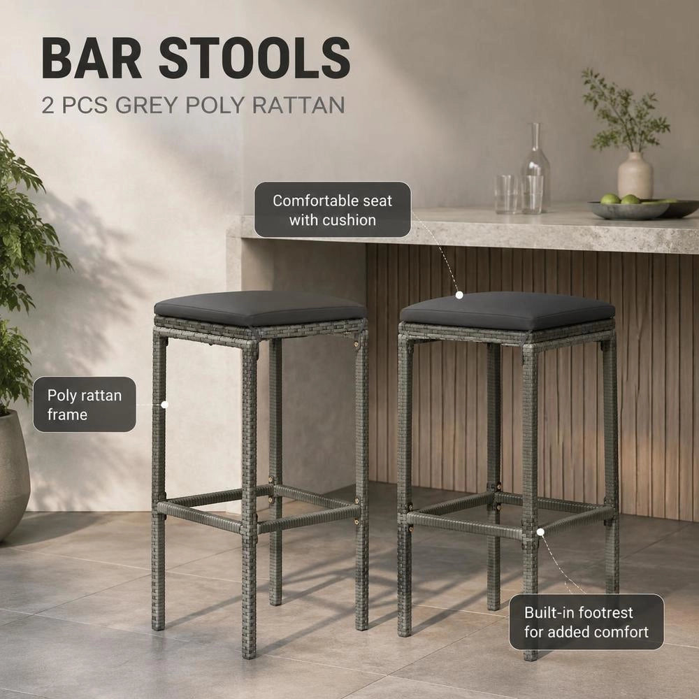 Bar Stools With Cushions, 2 Pieces, Grey Poly Rattan