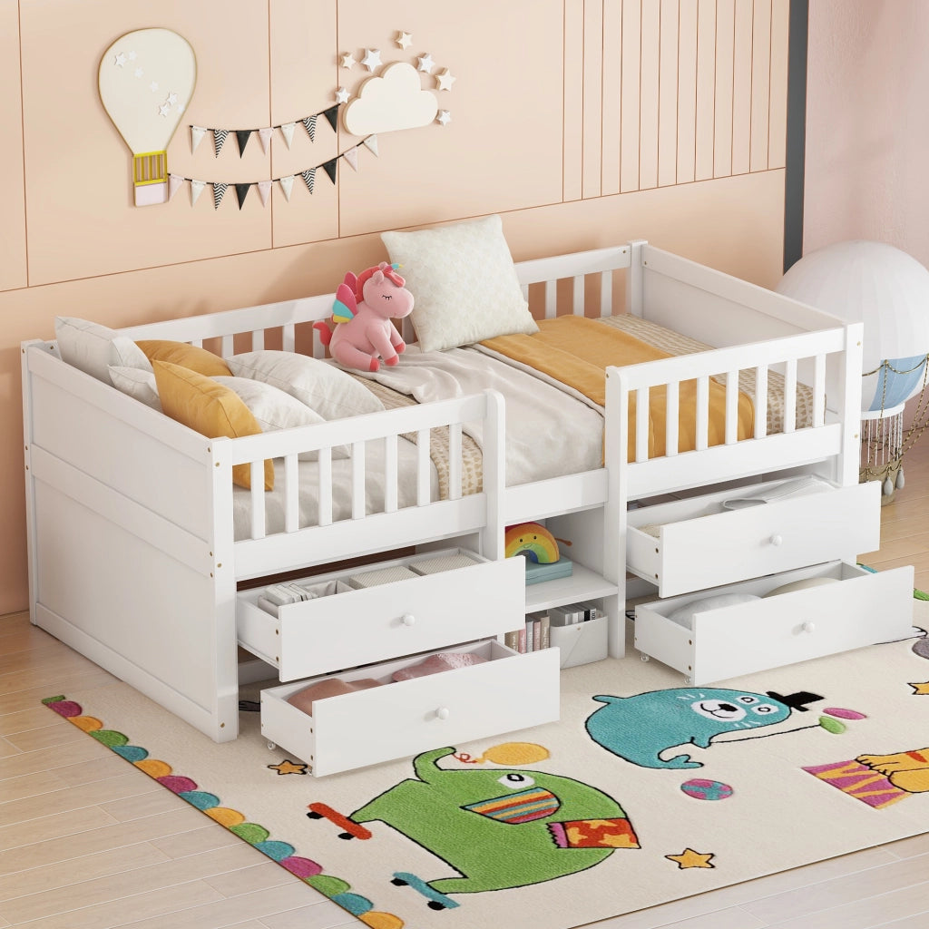 LETTO Semialto 90x200 cm con 4 cassetti scala e sponde in legno di pino bianco