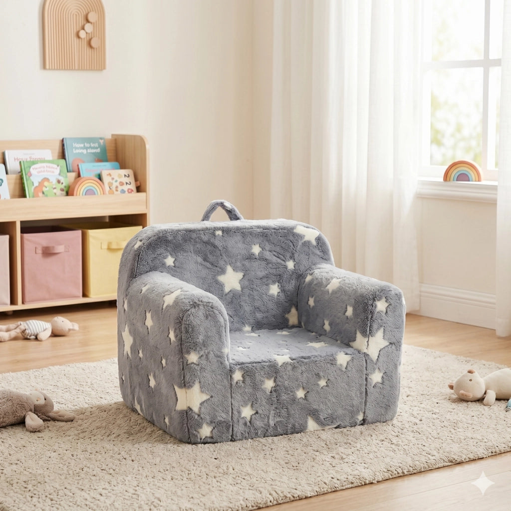 Poltroncina per bambini in tessuto grigio stelle con braccioli, sfoderabile e leggera 41 × 32 × 17 cm