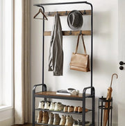 Halmeubel Industriale 4-in-1 – Cappezzaliera con Bancone per Scarpe & 9 Ganci – Metallo e Legno – 84x33,7x183 cm – Per Entrata o Corridoio