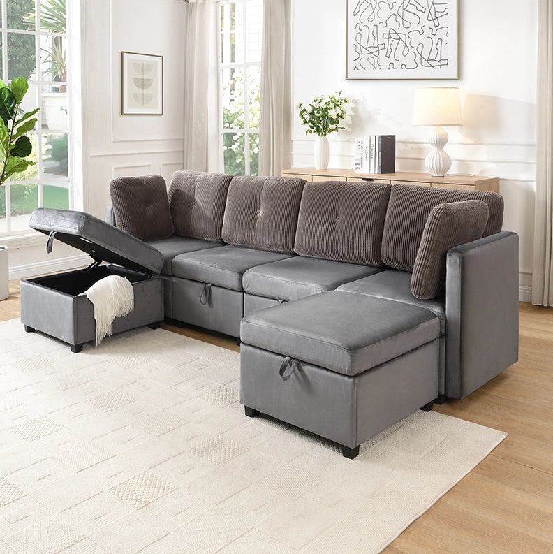 Divano modulare a U 6 posti con contenitore, velluto e corduroy grigio antico