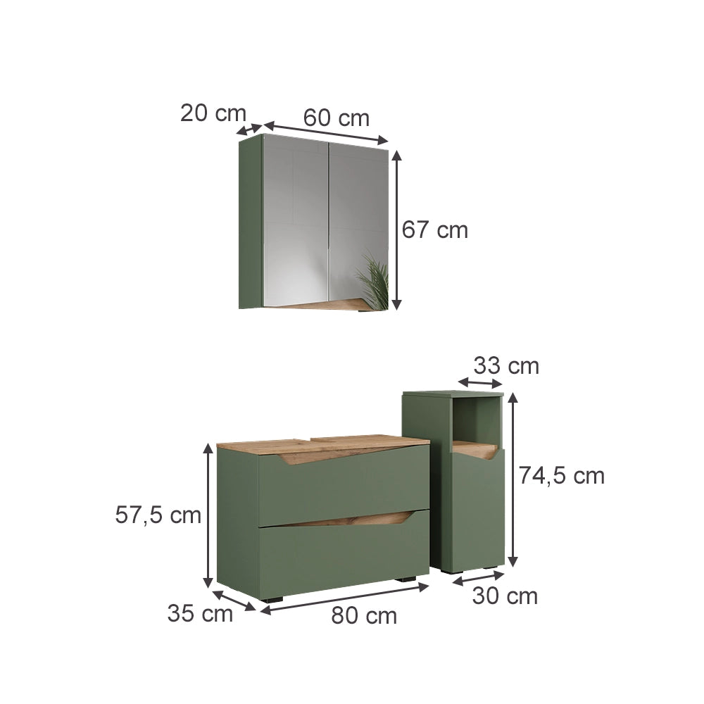 Vicco Set di mobili da bagno Verde/Artigianale 3 parti con cabinet midi