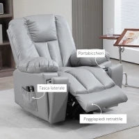 Poltrona Alzapersona Reclinabile con 8 Punti Massaggianti e Telecomando, in Microfibra, 94x96x106 cm, Grigio