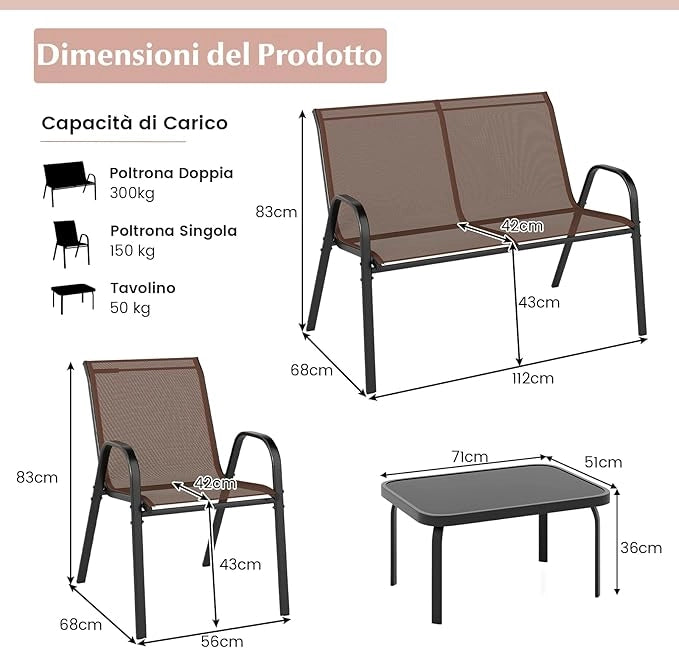 Set Tavolo e Poltrona da Giardino, Set di Mobili 4 Pezzi per Esterno, con Tavolino in Vetro Temperato, Panca e 2 Poltrone, per Giardino Balcone Piscina (Marrone)