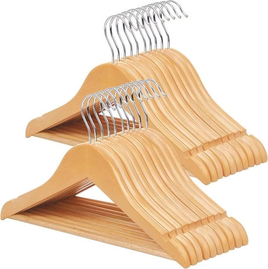 Kleerhanger per bambini in legno massello, 20 pezzi con staffa antiscivolo e fori di allacciamento, gancio rotativo 360°, dimensioni 35 x 12 x 20 cm, colore naturale.