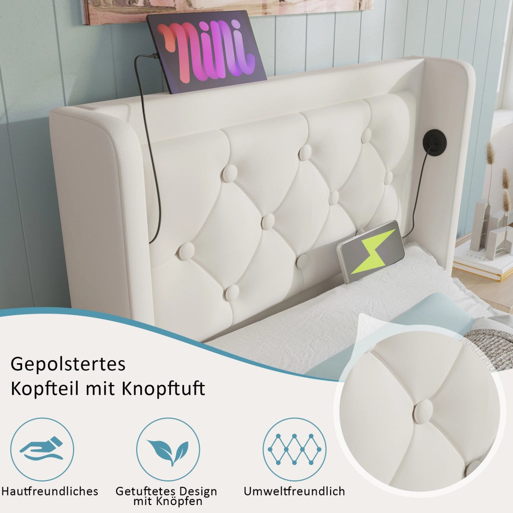 LETTO imbottito 90x200 cm in PU bianco con USB, Type-C e LED 3 lati