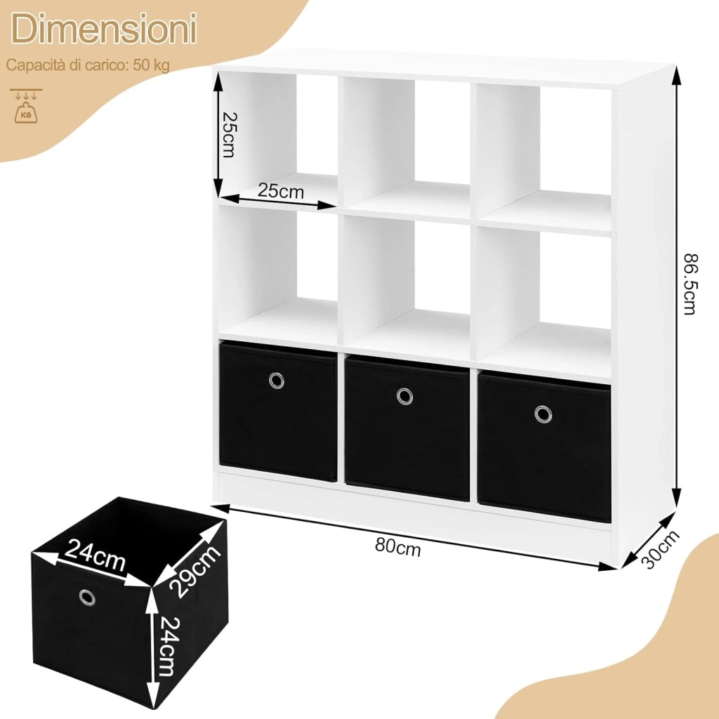 Libreria Bianca, Libreria a 9 Cubi Portaoggetti, Scaffale in Legno con 3 Cassetti in Tessuto Non Tessuto, per Soggiorno, Camera da Letto, Ufficio, 80x30x86,5 cm, SK041ws