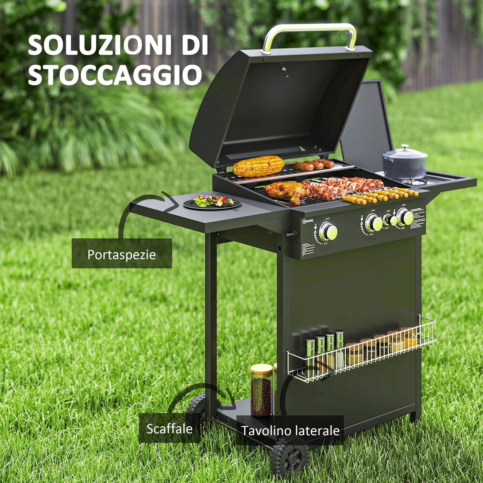 Barbecue a Gas con Bruciatori Indipendenti Coperchio con Termometro e Tavolino Laterale Nero