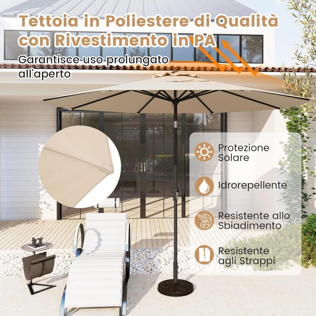 Ombrellone da Giardino 290 cm, con Inclinazione Regolabile, Ombrellone Esterno con 8 stecche Manovella, per Spiaggia Piscina Cortile (Beige, 290 cm 8 Stecche)